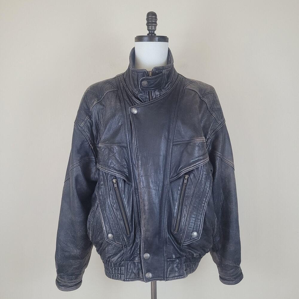 VTG Wilsons Leather Jacket Large Black Bomber Motorcycle Biker Zip Patina 90s
